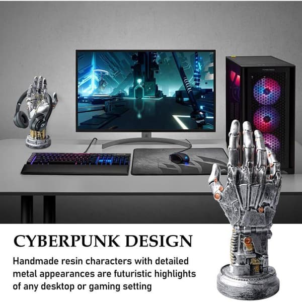 Headset- og controllerstander: Gaming-headsetstander, kreativ mekanisk håndstatue, gaming-headsetholder, mekanisk hånd