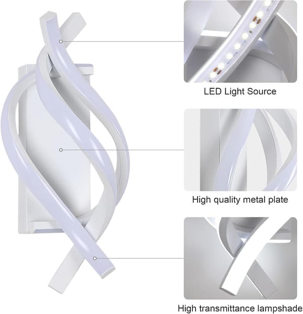 LED-vägglampa spiraldesign 21W, kallvit 6500K, inomhusbelysning för sovrum och vardagsrum