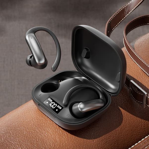 Sorte over-ear Bluetooth-hovedtelefoner, åbne Bluetooth-hovedtelefoner, trådløse, digitalt display, sporty stil, B-hovedtelefoner