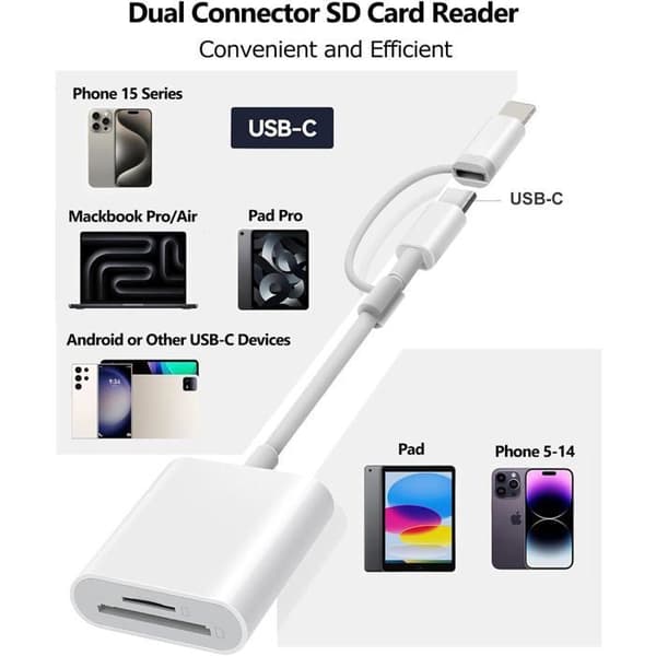 SD-kortlæser til telefon, USB-C-kortlæser med dobbelt SD/SD-slot, SD-kortadapter til USB-telefon