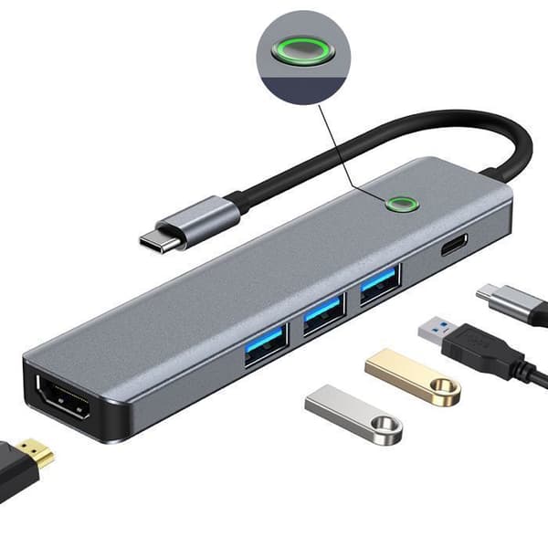 5-i-1 USB-C Hub-adapter med HDMI 4K + PD100W + 3 USB-C 3.0-portar, Multiport USB 3.0 5Gbps USB-C Hub-adapter, Grå