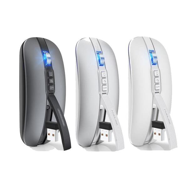 Stille trådløs mus, dobbel modus, Bluetooth 5.1, 2.4G, 2400 DPI, 6D, ny for spill og kontor