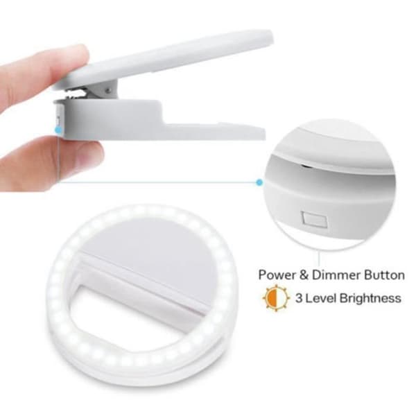 LED-ringblitz - Selfie - 3 lysstyrkeniveauer - USB genopladelig - Bærbar klips