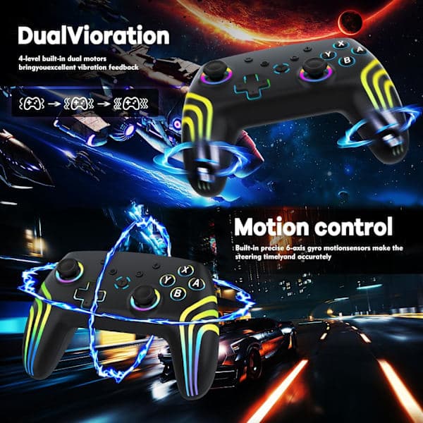 2025 Seneste Model Trådløs Pro Controller til Switch/Switch 2/Lite/OLED/PC, Håndholdt Controller med 7 Farveskiftende RGB-belysning/Dobbelt Vibration