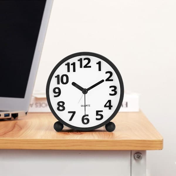 Tyst Analog Alarmklocka, Svart Metall Stora 3D-Siffror, Snooze