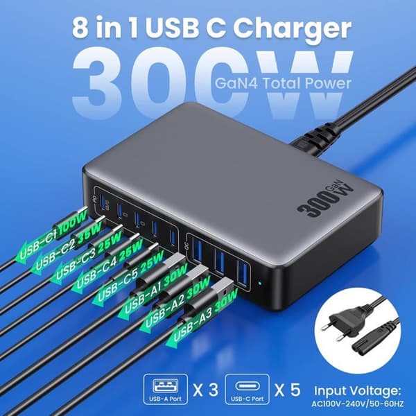 300W USB-C-lader med 8 GaN 4x Tech-porter, 100W PD QC PPS hurtiglader, Multi-Port USB-C ladestasjon, Grå