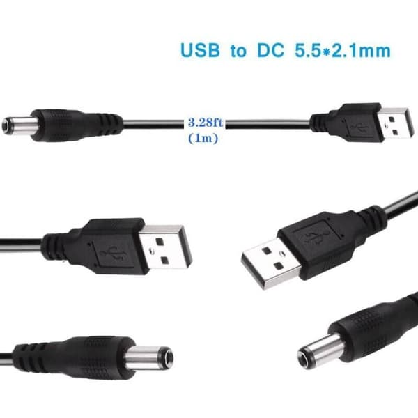 USB til DC 5V-kabel, USB til DC-strømkabel, 8-i-1 DC-strømadapter 5,5 x 2,1 mm DC-fatning for bærbar PC, ruter osv. (1m, svart)