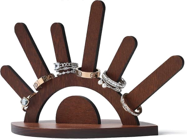 Tre ringholder, Evil Eye ringdisplay i tre, søt smykkedisplay for ringdisplaystativ, julebursdagsforlovelsesgave til kvinner H