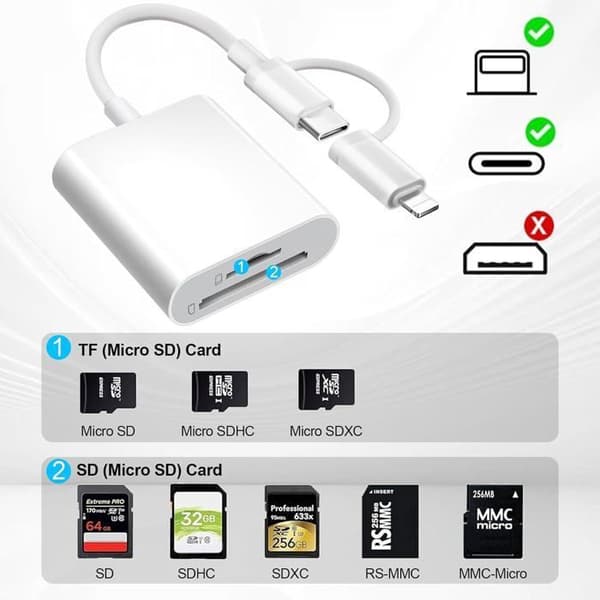 SD-kortlæser til USB-C og Lightning, SD/SD-adapter, eksterne hukommelseslæsere til