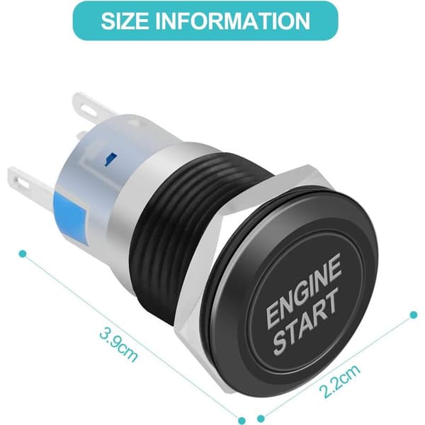 12V 19mm (svart), motorstart trykknapp, vanntett biltenningsstarterbryterknapp