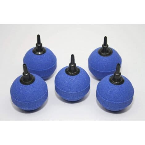 Set med 5 sfäriska luftstenar (5 cm), högtemperatursintrade syrerör, luftbubbelstenar för akvarier och dammar, blå plast