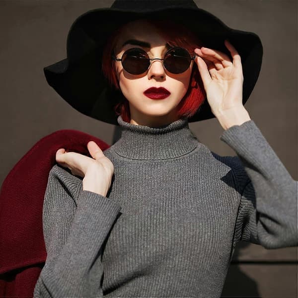 SCSYV Runde solbriller, unisex, 70'er retro polariserede Lennon runde UV400 solbriller til mænd, sort stel, grå linser