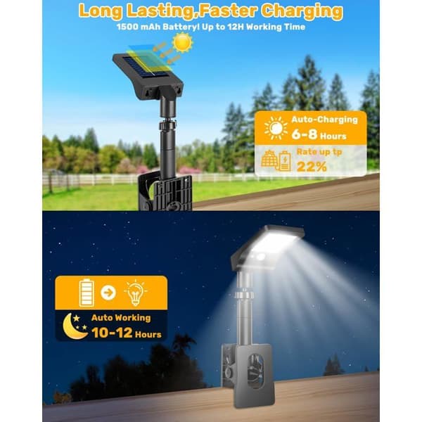 Sæt med 2 clip-on udendørs solcellelamper med bevægelsessensor, vandtæt solcelleprojektør, 60 LED'er, 3 farver belysning