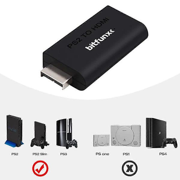 Bitfunx PS2 til HDMI-kompatibel adapter 3,5 mm lydvideokonverter for SONY Playstation 2 PS2 PS3-konsoll