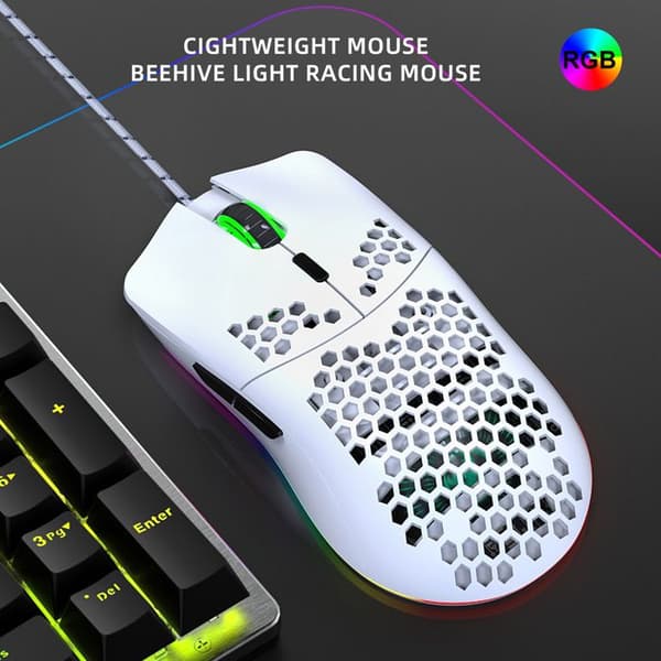 J900-6400 DPI Gaming Mus, Hvid, Perforeret Design, RGB Baggrundsbelysning, Makroprogrammering, 6 Knapper med Indikatorlys