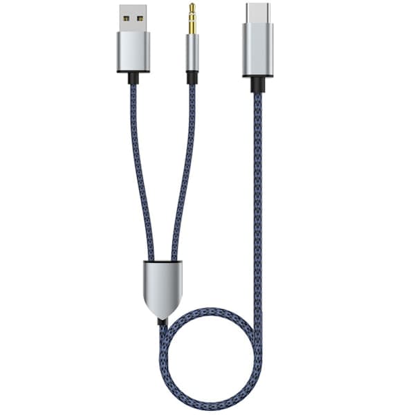 2-i-1 Type-C bilstereokabel 1 delt 2 Type C til USB A 3,5 mm Aux-kabel blå
