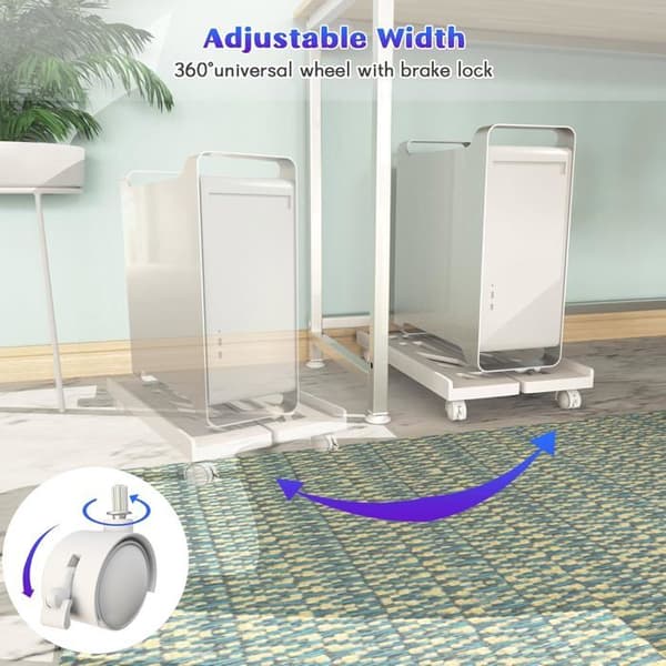 Justerbar højde fast pc-stander med låsbare drejehjul, velegnet til de fleste CPU-holdere under skrivebordet (hvid)