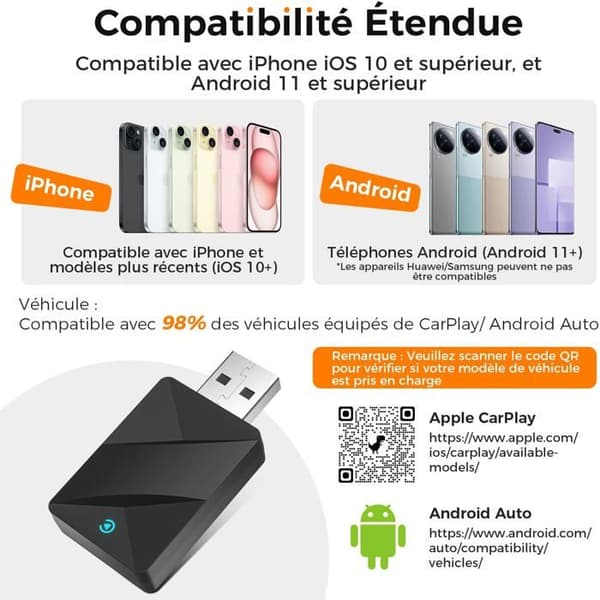 Trådløs adapter for CarPlay og Android Auto, Bluetooth 5.1, Mini 2-i-1 design, Kompatibel med iOS 10+ og Android 11+