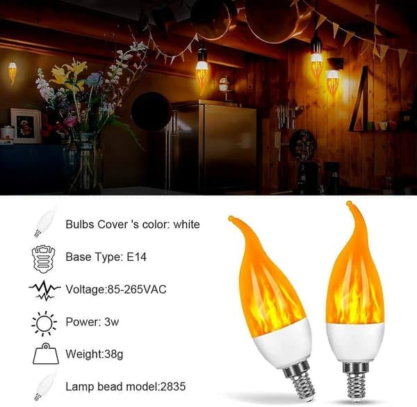 4-pakning 3W E14 LED-pære med flammeeffekt, 3 lysmoduser, dekorativ lampe
