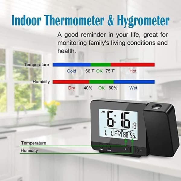 Projektionsvækkeur med termometer/hygrometer, digitalt ur, dæmpbart LED-display, 180° rotation, 12/24-timers tidsvisning, sort