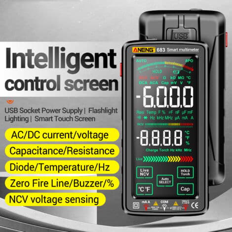 Digitalt multimeter med touchscreen, manuel og automatisk dobbeltfunktion, spænding, strøm, modstand, kapacitans, temperaturmåling, multifunktion