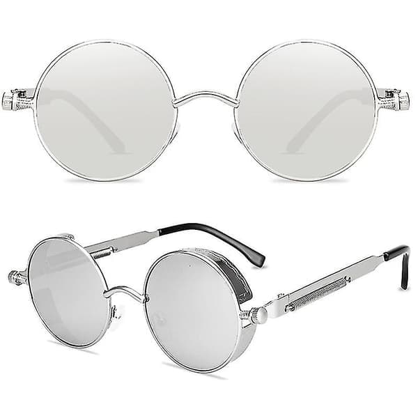 Vintage Polarized Steampunk Pyöreät Aurinkolasit Miehille, Tyylikäs Db Silver Frame and Lenses