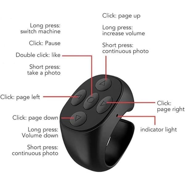 Bluetooth trådløs fjernbetjeningsring-scroller, ring-scroller til iPhone, tablets, kamera (sort)