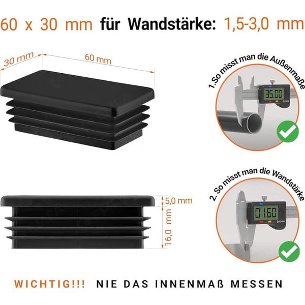 Sort rektangulær rør-endekappe 60x30 mm – Pakke med 5 – UV-resistent polyethylen – Nem, limfri installation