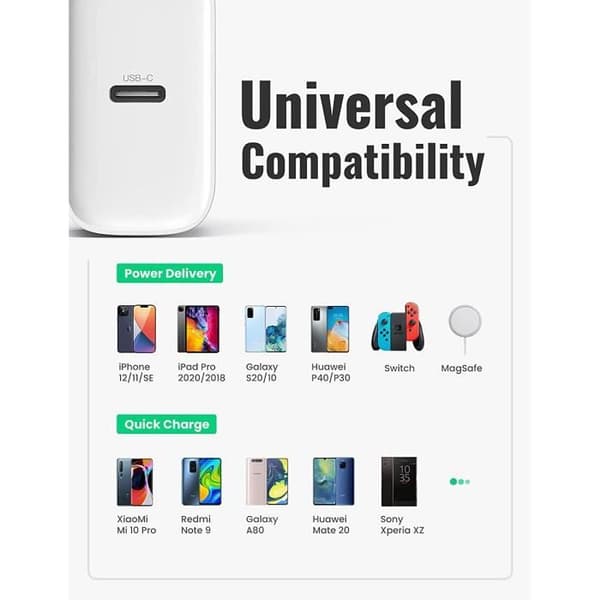 PD 20W USB C-lader strømlevering 3.0 hurtiglading for iPhone 12, 12 Pro Max, 12 Mini, 11, 11 Pro, Galaxy, Pixel osv. - Hvit