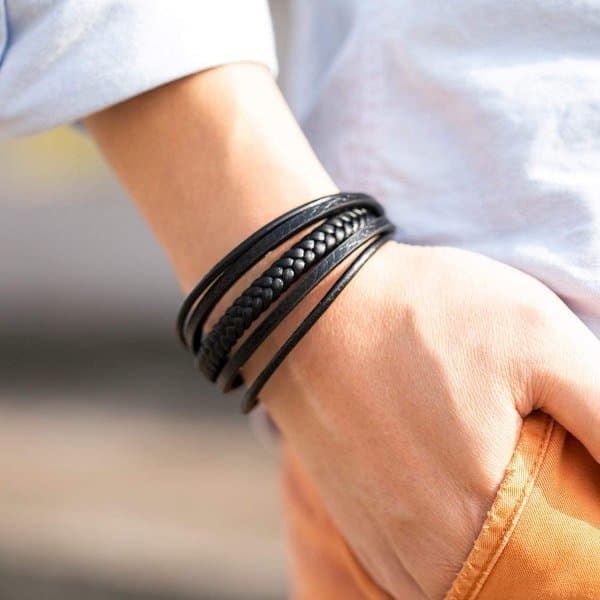 Herrarmband Äkta läder flätat armband med magnetlås 22cm