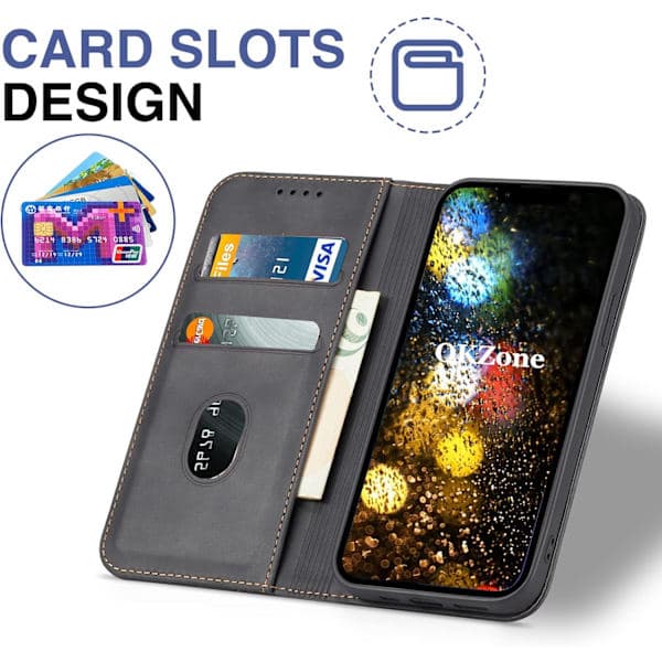 För iPhone 11-16 Magnetiskt läderfodral, Premium läderfodral med vikbar kortplats, stötsäkert stativ (Svart) iPhone 12 pro