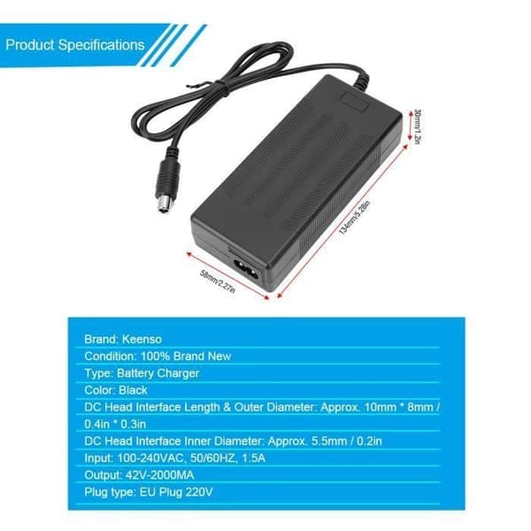 Batterioplader - 42V 2A - Kompatibel med Xiaomi M365 og Ninebot - EU-stik - Sort