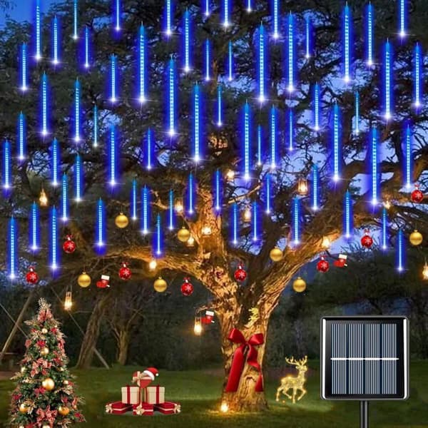 Solcelledrevne Meteorregnlys, IP65 Vanntette Julelys med 30 cm Rør, 8 Rør, 192 LED-er, Blå