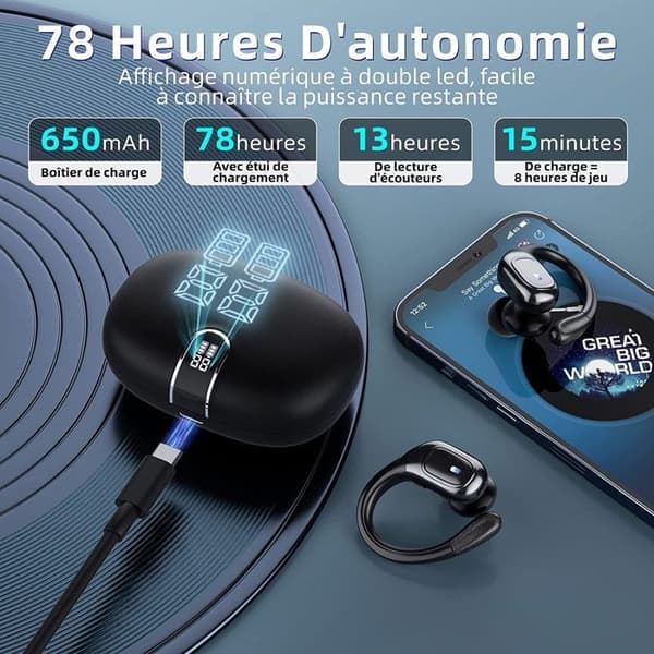 Trådlösa Bluetooth 5.3-hörlurar, 75 timmars speltid, IPX7-vattentäta med LED-digitaldisplay och CVC 8.0 brusreducerande mikrofon för iOS och Android