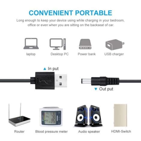 USB til DC 5V-kabel, USB til DC-strømkabel, 11-i-1 DC-strømadapter, 5,5 x 2,1 mm DC-fatning for bærbar PC, ruter, etc. (1m, svart)