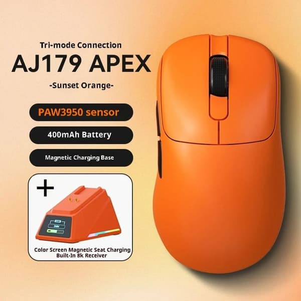 PAW3395 Elektronisk mus, trippelmodus, Bluetooth, trådløs, lett, lading, oransje