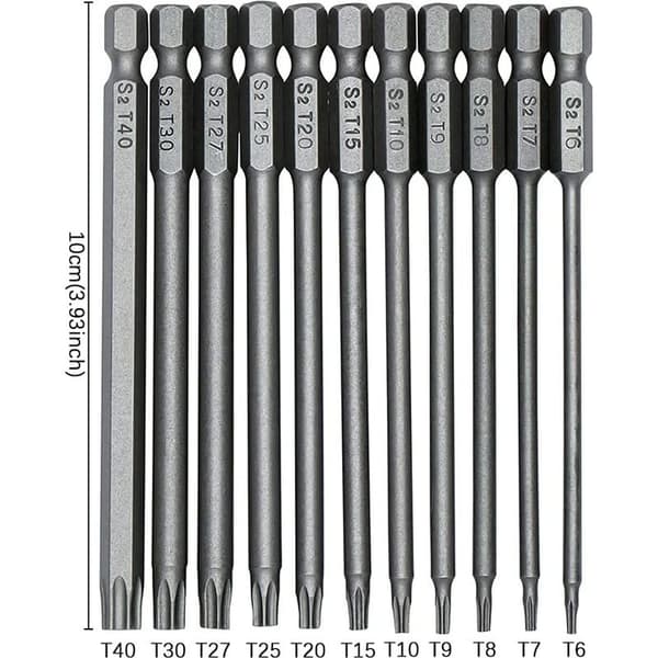 Sett med 11 lange Torx-bits, 100 mm – S2 legert stål – 1/4\" sekskantet skaft – Størrelser T6 til T40 – Magnetisk system for trange rom