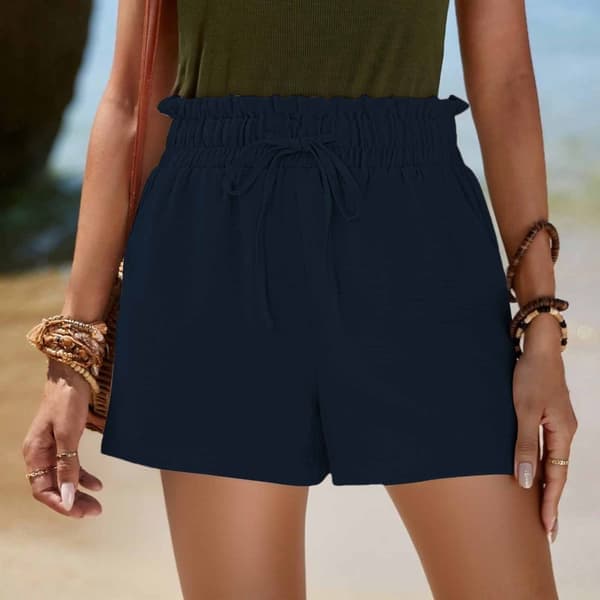 Shorts til kvinder afslappede brede ben shorts med snøre til strandferie marineblå Navy blue L