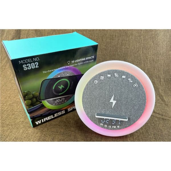 Rund hvid Bluetooth-højttaler med trådløs opladning, timer til hvid støj, vækkeur, kortlæser og mini-encoder