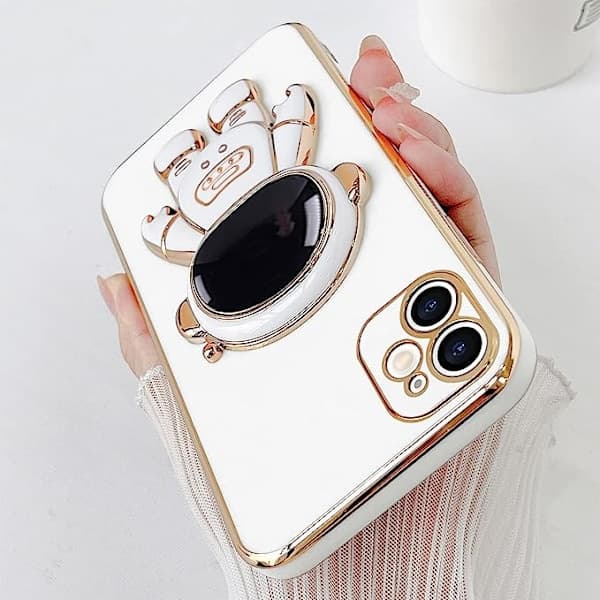 Kompatibel med iPhone 12 Cover Sødt 3D Astronaut Stativ Design Kamera piano white