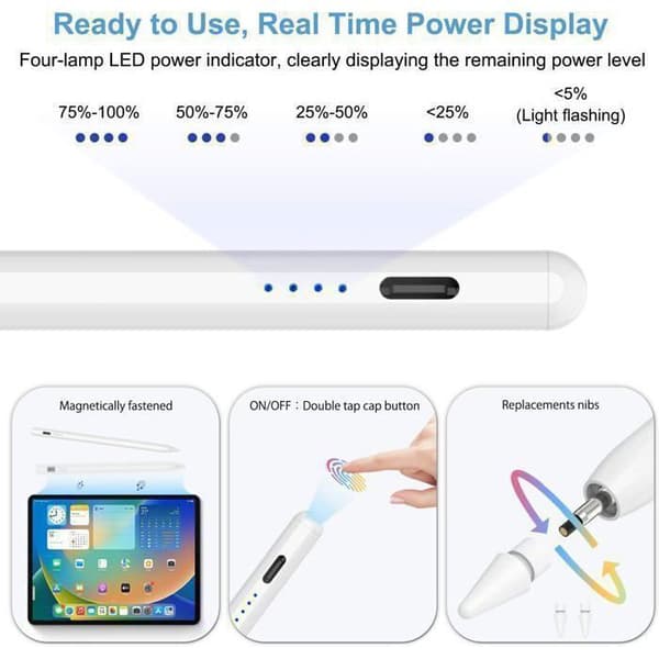 Styluspenna för iPad (2018-2026), Pixel-snabb precision, Tilt & Palm Rejection, för Android, iPad etc., Vit