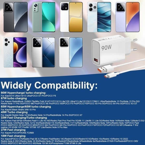 90W Hurtigoplader til Xiaomi Redmi Note 14/13/12/11 Pro 14C, 6A USB-C Hypercharge, Turbooplader med 1M USB-C Kabel til Xiaomi