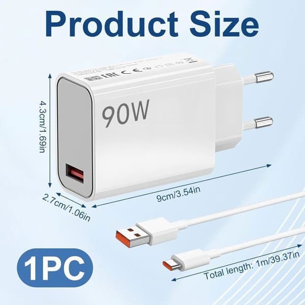 90W Hurtigoplader til Xiaomi Redmi Note 14/13/12/11 Pro 14C, 6A USB-C Hypercharge, Turbooplader med 1M USB-C Kabel til Xiaomi