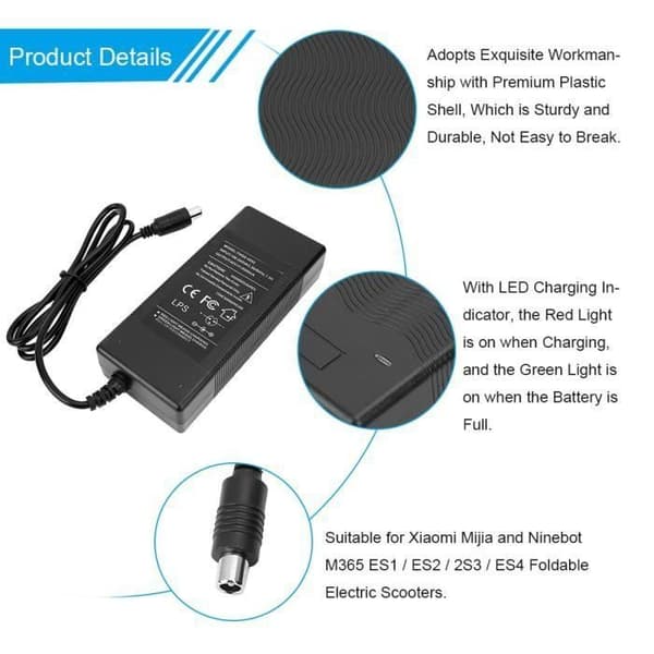 Batterioplader - 42V 2A - Kompatibel med Xiaomi M365 og Ninebot - EU-stik - Sort