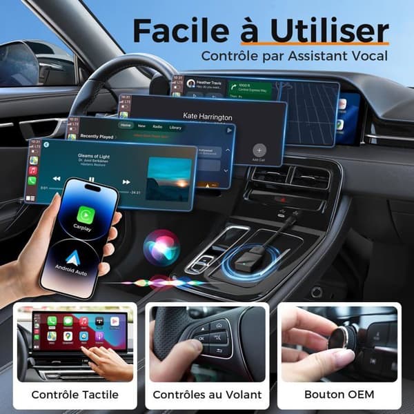 Trådløs adapter for CarPlay og Android Auto, Bluetooth 5.1, Mini 2-i-1 design, Kompatibel med iOS 10+ og Android 11+
