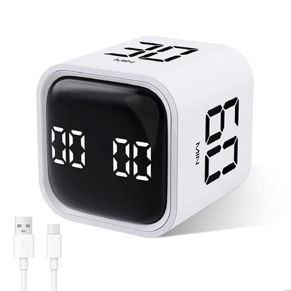Pomodoro-timer med roterende innstillinger, 5/10/30/60 minutter, digital timer, justerbart volum, ideell for kjøkkenet, hvit