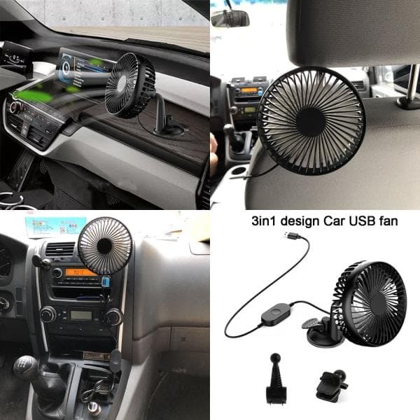 Universal 5V 360 graders rotation USB bilfläkt Stor vind Tre hastighetskontroll USB bilfläkt med sugkopp