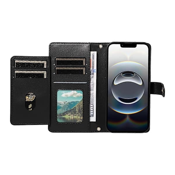 Kompatibelt plånboksfodral med remmar för iPhone 16e, Rumble-format telefonfodral i läder med stativ Black