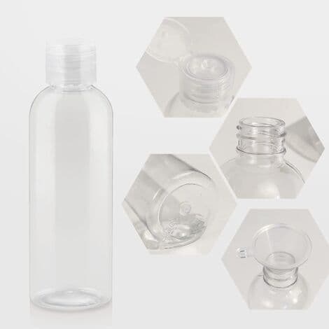 8 reseflaskor, 100 ml plastflaskor med 8 små trattar, transparent PET-KOSMETIKA