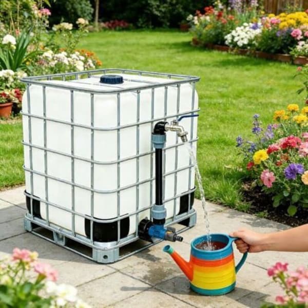 1000L Tankhane, 3/4\" Svanehals, 2-i-1 Adapter, Regnvandsopsamlingshane, Ventil til